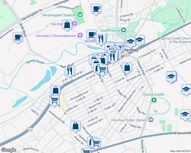 map of restaurants, bars, coffee shops, grocery stores, and more near 313 West Caracas Avenue in Hershey