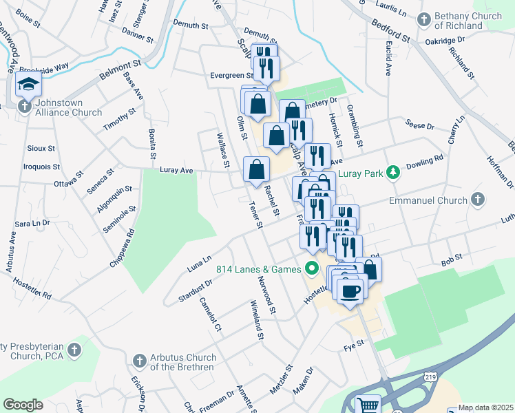 map of restaurants, bars, coffee shops, grocery stores, and more near 103 Kinamrok Street in Johnstown