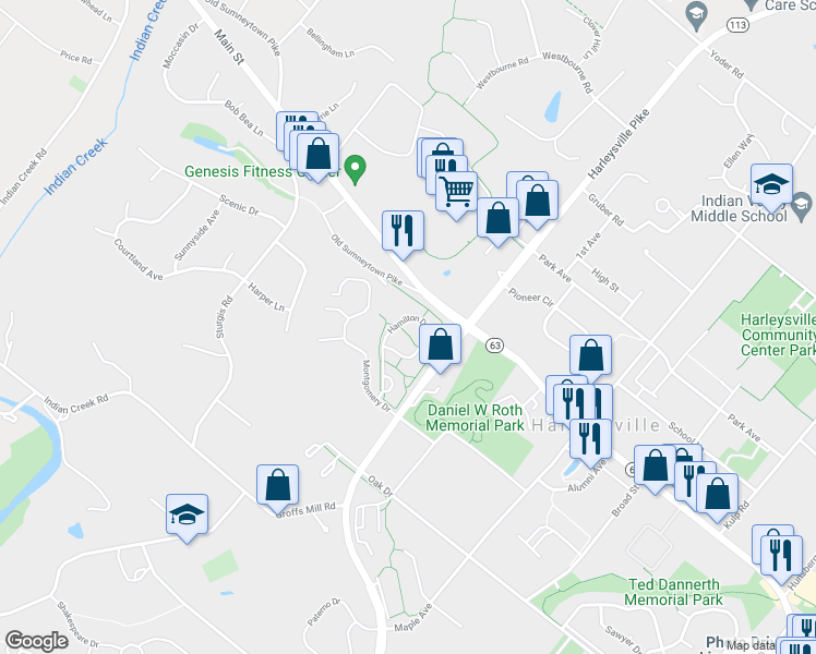 map of restaurants, bars, coffee shops, grocery stores, and more near 326 Hamilton Drive in Harleysville