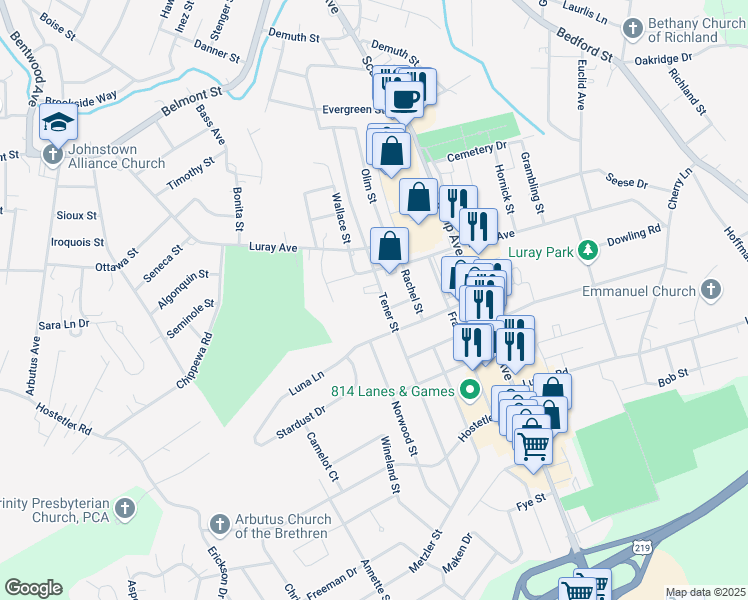 map of restaurants, bars, coffee shops, grocery stores, and more near 1030 Tener Street in Johnstown
