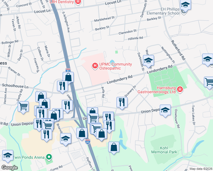 map of restaurants, bars, coffee shops, grocery stores, and more near 4301 Londonderry Road in Harrisburg
