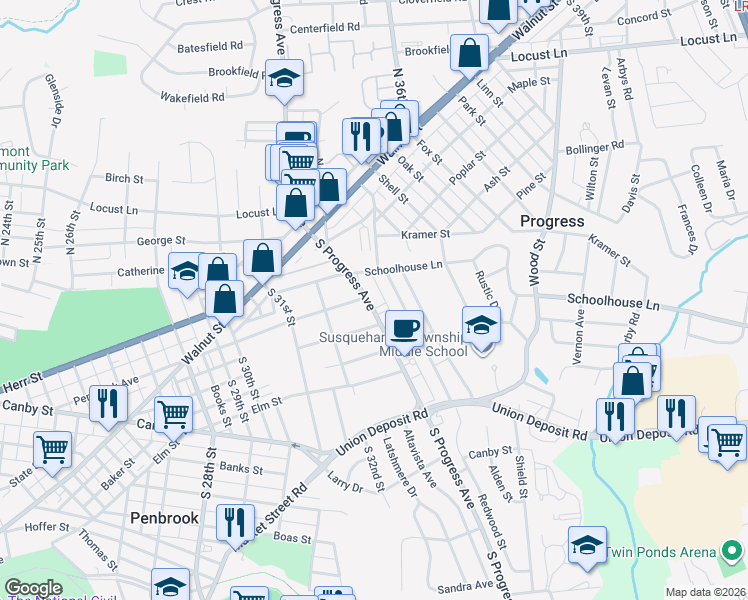 map of restaurants, bars, coffee shops, grocery stores, and more near 232 South Progress Avenue in Harrisburg