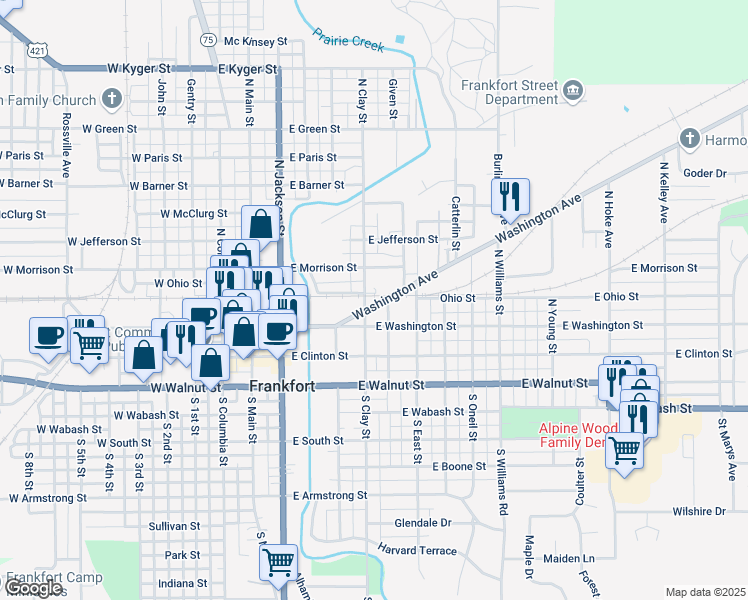 map of restaurants, bars, coffee shops, grocery stores, and more near 204 Washington Avenue in Frankfort