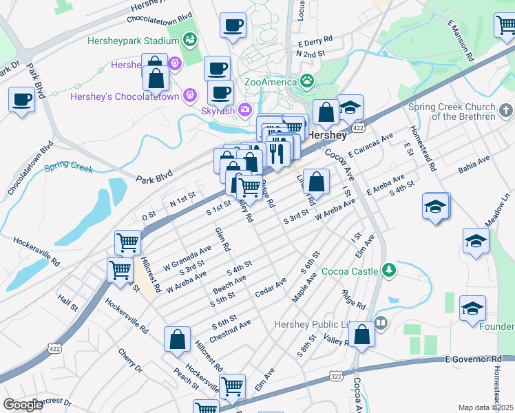 map of restaurants, bars, coffee shops, grocery stores, and more near 224 West Caracas Avenue in Hershey