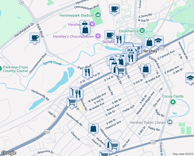 map of restaurants, bars, coffee shops, grocery stores, and more near 411 U.S. 422 in Hershey