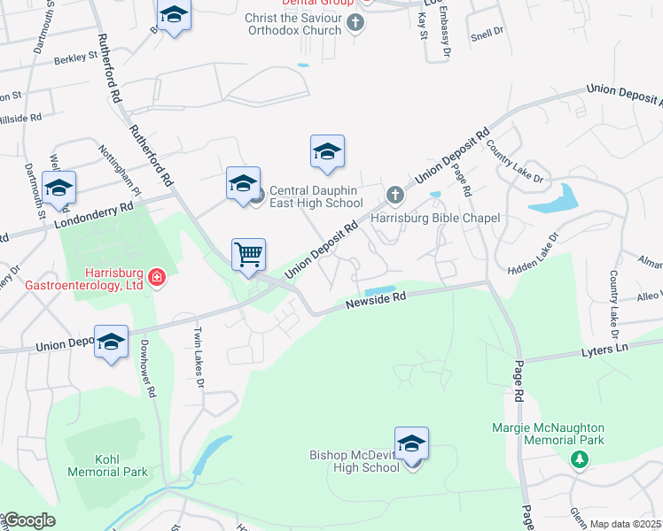 map of restaurants, bars, coffee shops, grocery stores, and more near 5428 Springtide Drive in Harrisburg