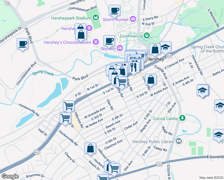 map of restaurants, bars, coffee shops, grocery stores, and more near 325 West Caracas Avenue in Hershey