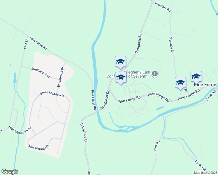 map of restaurants, bars, coffee shops, grocery stores, and more near Douglass Dr & Pine Forge Rd in Boyertown