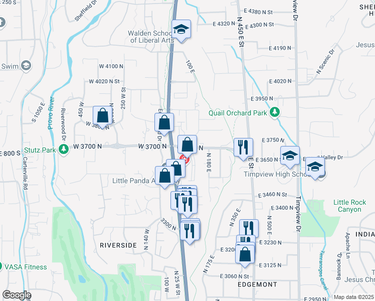 map of restaurants, bars, coffee shops, grocery stores, and more near 3685 100 East in Provo