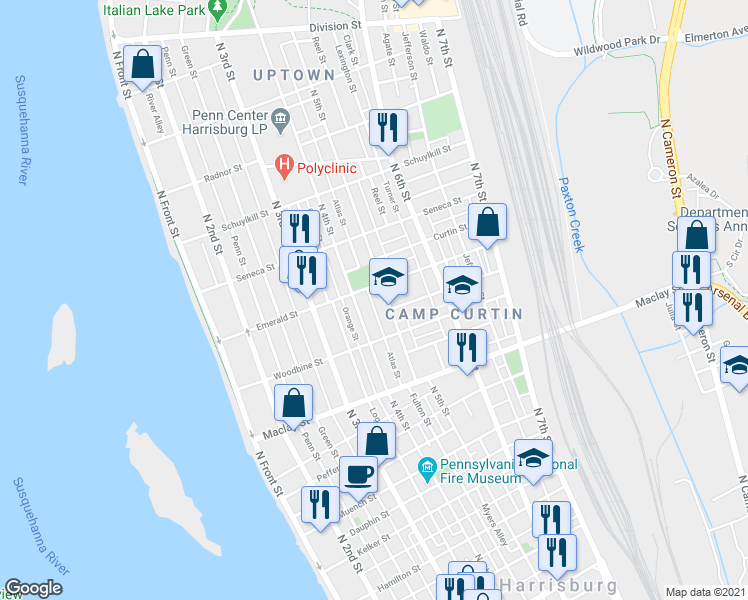 map of restaurants, bars, coffee shops, grocery stores, and more near 2257 Atlas Street in Harrisburg
