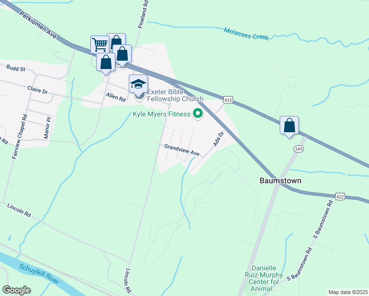 map of restaurants, bars, coffee shops, grocery stores, and more near 505 Grandview Avenue in Birdsboro