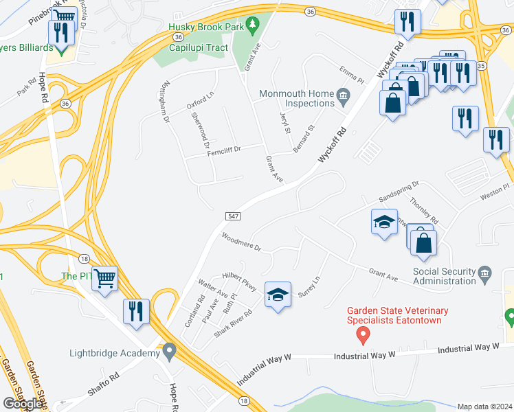map of restaurants, bars, coffee shops, grocery stores, and more near 270 Wyckoff Road in Eatontown