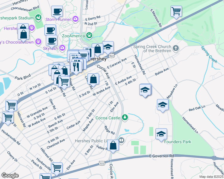 map of restaurants, bars, coffee shops, grocery stores, and more near 310 Cocoa Avenue in Hershey