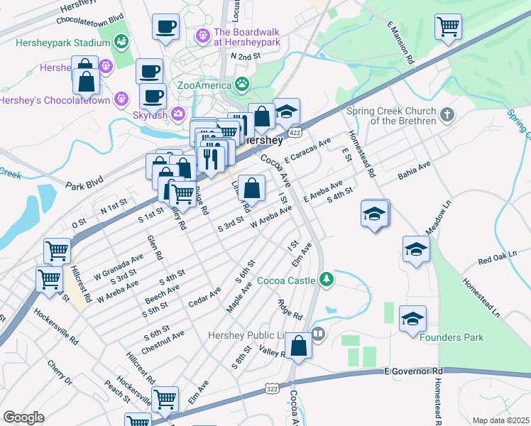 map of restaurants, bars, coffee shops, grocery stores, and more near 53 W Areba Ave in Hershey