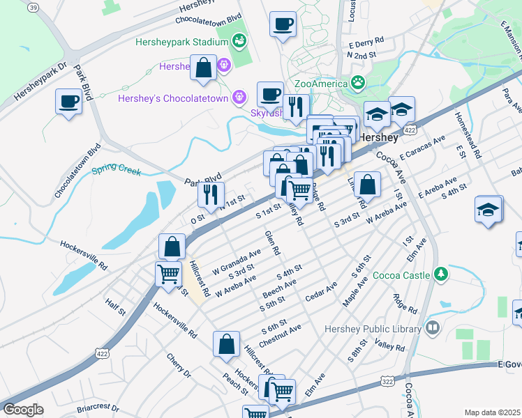 map of restaurants, bars, coffee shops, grocery stores, and more near 350 West Chocolate Avenue in Hershey