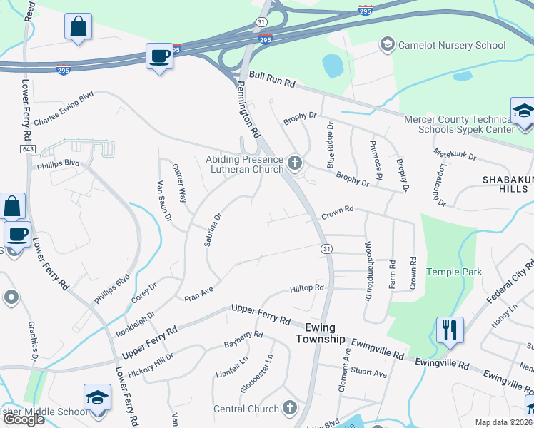map of restaurants, bars, coffee shops, grocery stores, and more near 12 Glenmore Avenue in Ewing Township