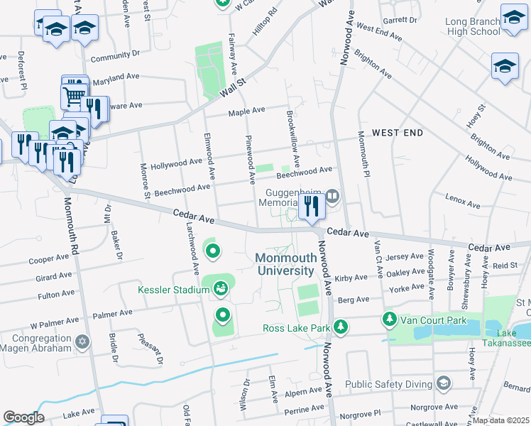 map of restaurants, bars, coffee shops, grocery stores, and more near 80 Pinewood Avenue in West Long Branch
