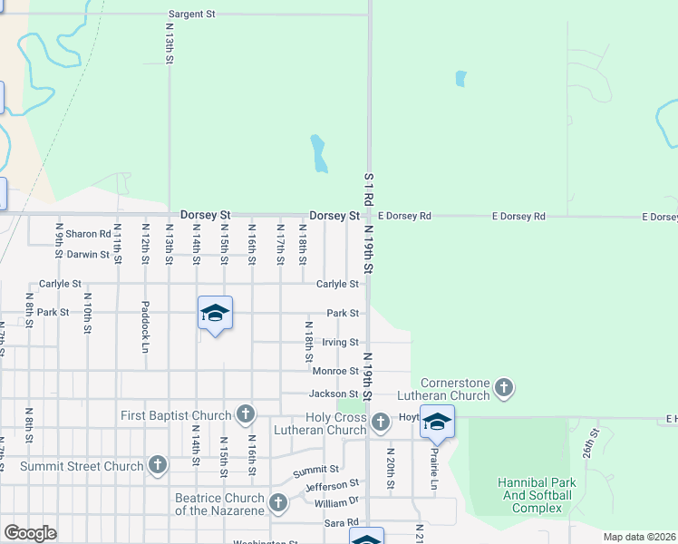 map of restaurants, bars, coffee shops, grocery stores, and more near 1605 Pleasant View Avenue in Beatrice
