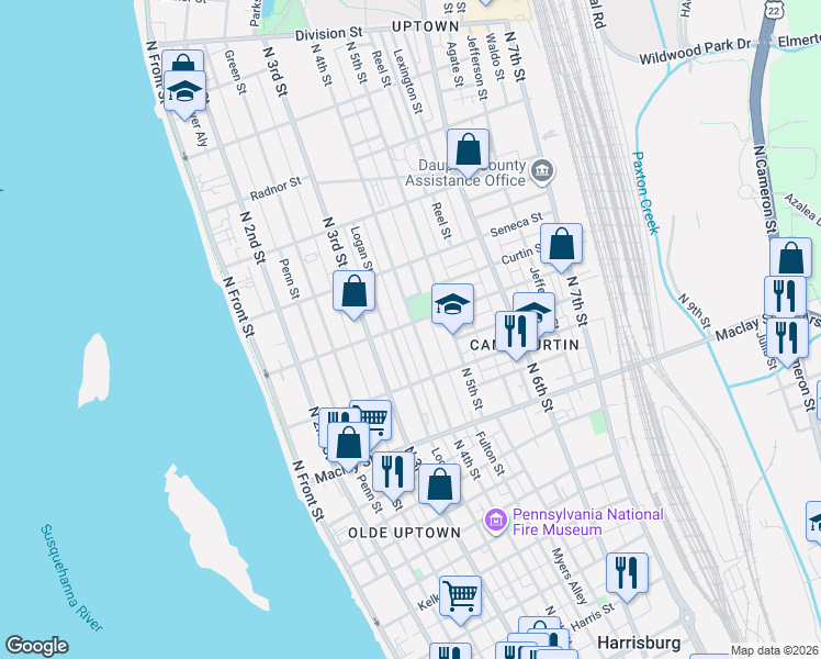 map of restaurants, bars, coffee shops, grocery stores, and more near 331 Emerald Street in Harrisburg