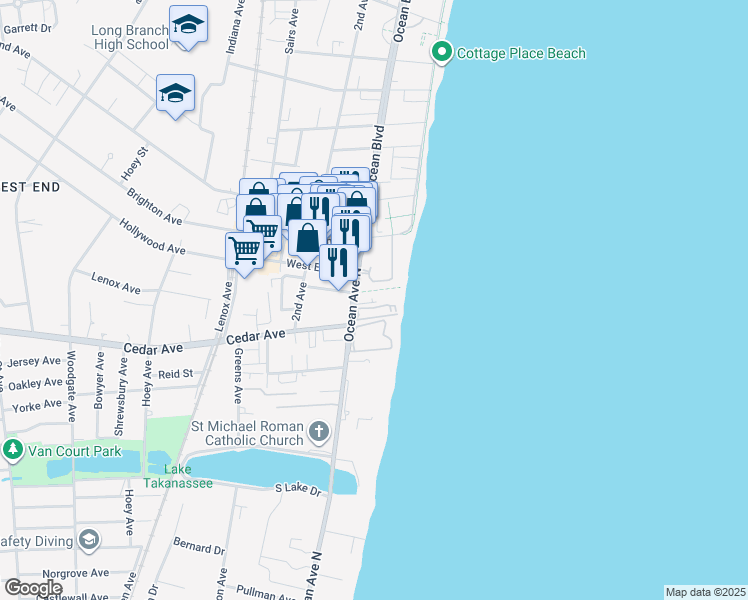 map of restaurants, bars, coffee shops, grocery stores, and more near 675 Ocean Avenue in Long Branch