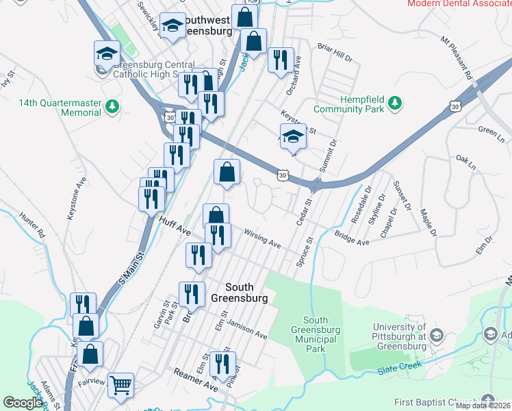 map of restaurants, bars, coffee shops, grocery stores, and more near 48 Overview Drive in Greensburg