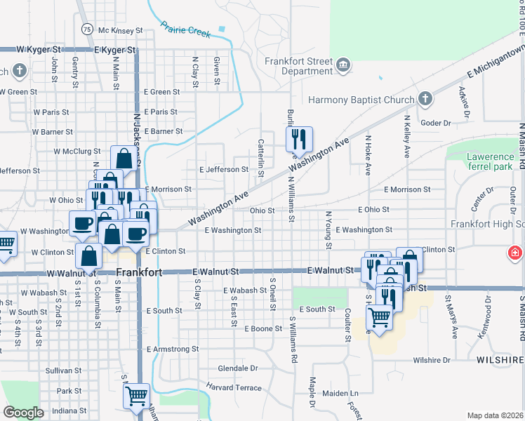 map of restaurants, bars, coffee shops, grocery stores, and more near Ohio Street in Frankfort