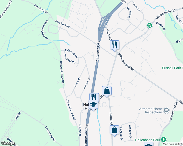 map of restaurants, bars, coffee shops, grocery stores, and more near 1500 Heather Place in Pottstown