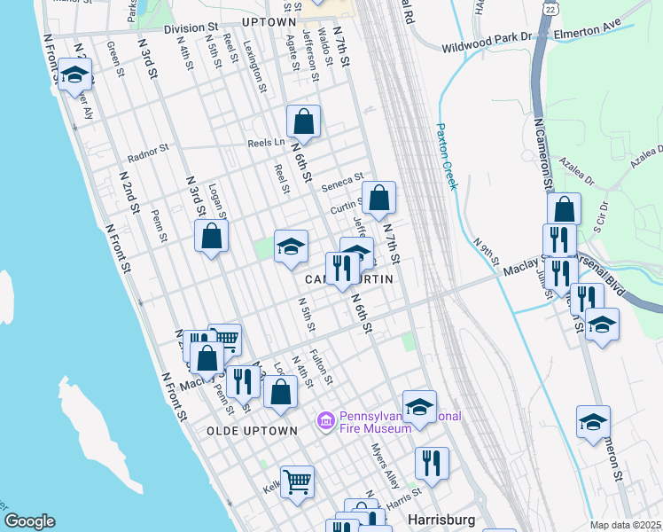 map of restaurants, bars, coffee shops, grocery stores, and more near 563 Camp Street in Harrisburg
