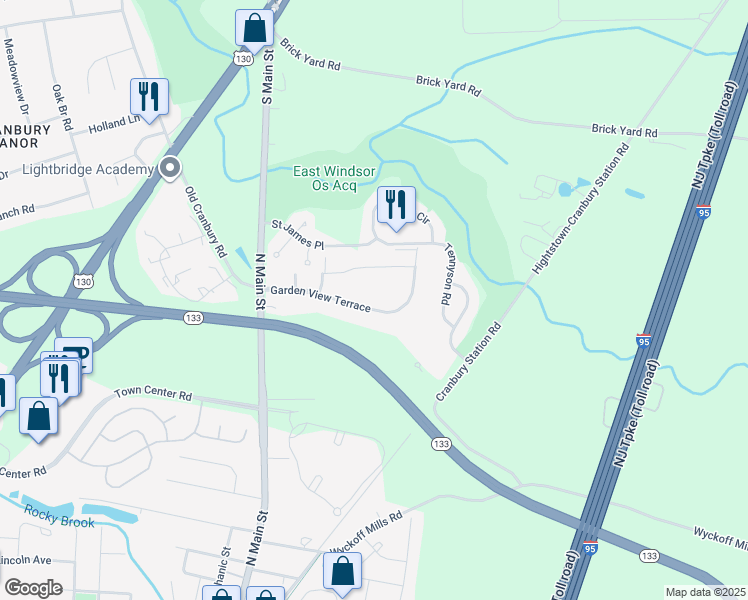 map of restaurants, bars, coffee shops, grocery stores, and more near 47 Garden View Terrace in East Windsor