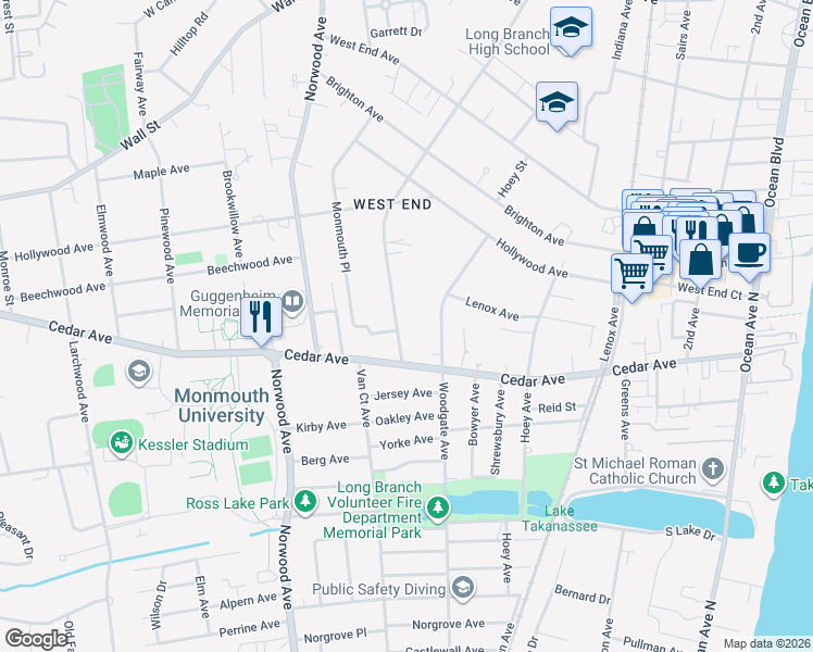 map of restaurants, bars, coffee shops, grocery stores, and more near 723 Westwood Avenue in Long Branch