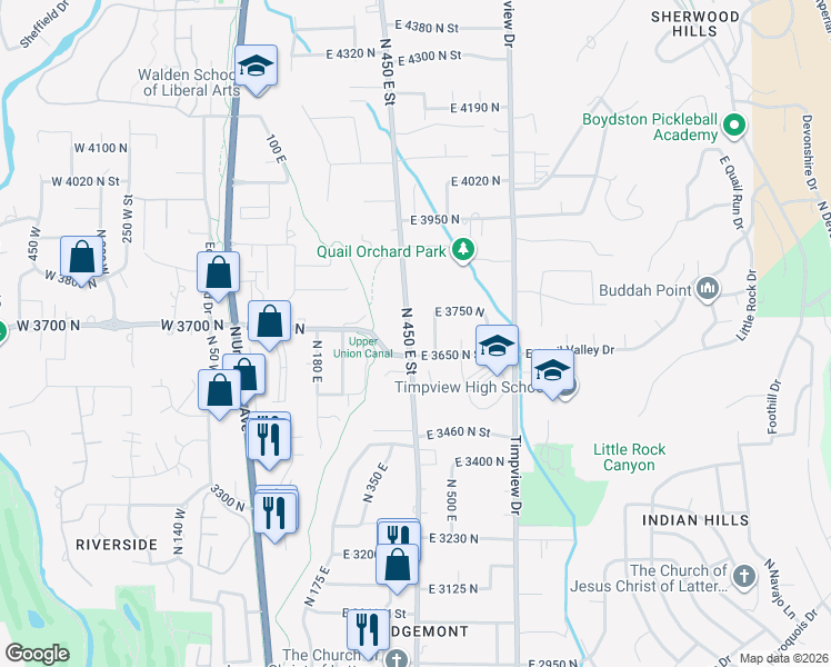 map of restaurants, bars, coffee shops, grocery stores, and more near 3690 North Canyon Road in Provo