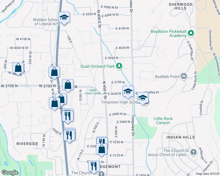 map of restaurants, bars, coffee shops, grocery stores, and more near 3695 North 500 East in Provo