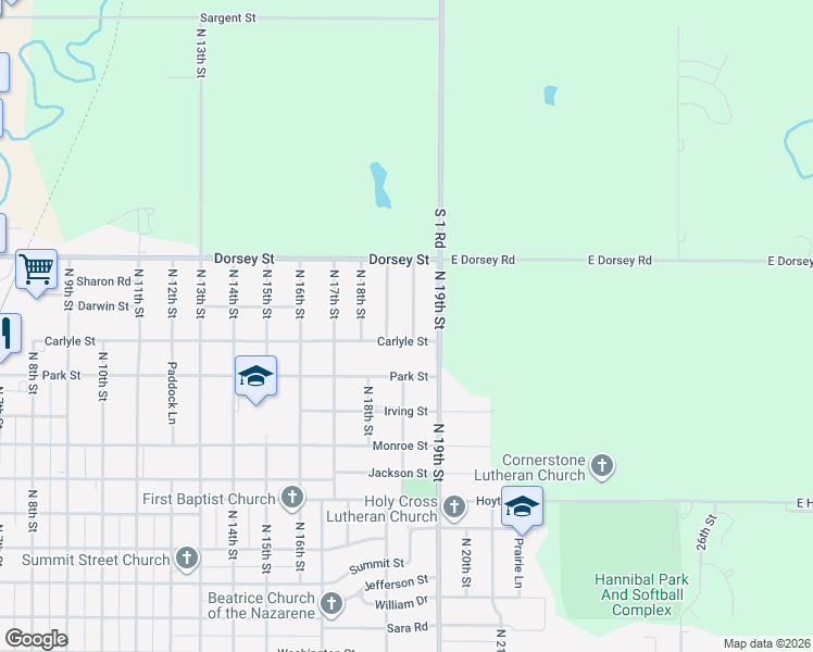 map of restaurants, bars, coffee shops, grocery stores, and more near 1605 Pleasant View Avenue in Beatrice
