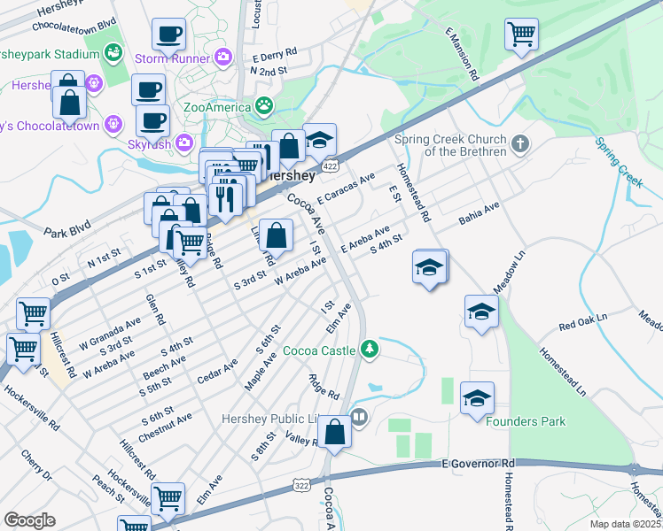 map of restaurants, bars, coffee shops, grocery stores, and more near 310 Cocoa Avenue in Hershey