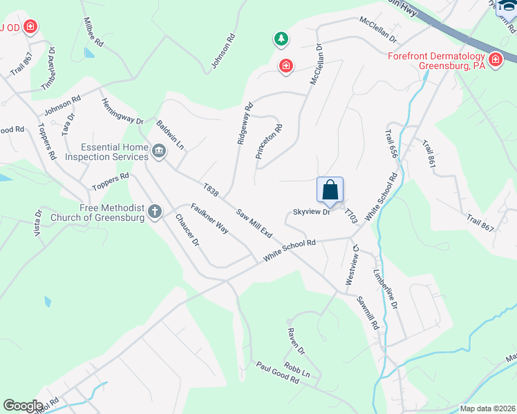 map of restaurants, bars, coffee shops, grocery stores, and more near 476 Sawmill Road in Greensburg
