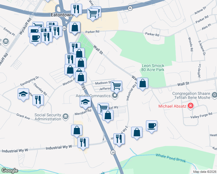 map of restaurants, bars, coffee shops, grocery stores, and more near 438 Jefferson Street in Eatontown