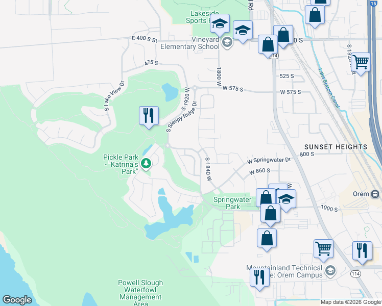 map of restaurants, bars, coffee shops, grocery stores, and more near 1902 West Pheasant Run in Orem