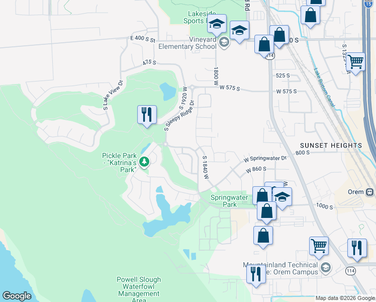 map of restaurants, bars, coffee shops, grocery stores, and more near 1902 West Pheasant Run in Orem