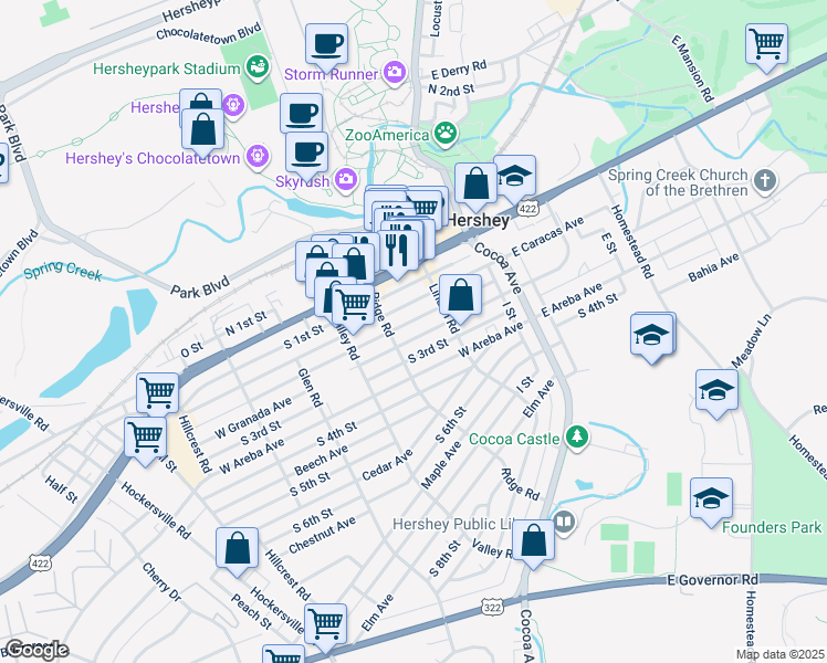 map of restaurants, bars, coffee shops, grocery stores, and more near 135 West Granada Avenue in Hershey