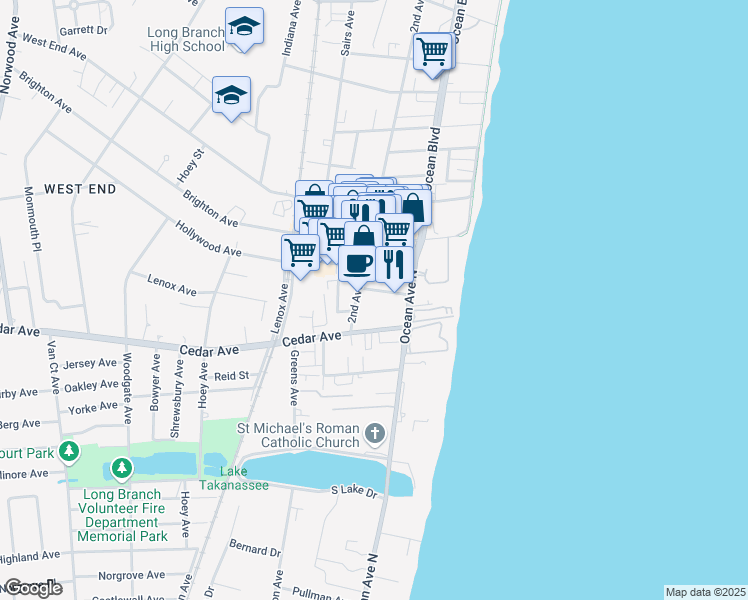 map of restaurants, bars, coffee shops, grocery stores, and more near 36 New Court in Long Branch