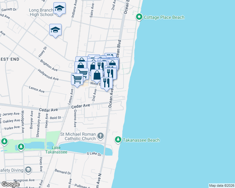 map of restaurants, bars, coffee shops, grocery stores, and more near 675 Ocean Avenue in Long Branch