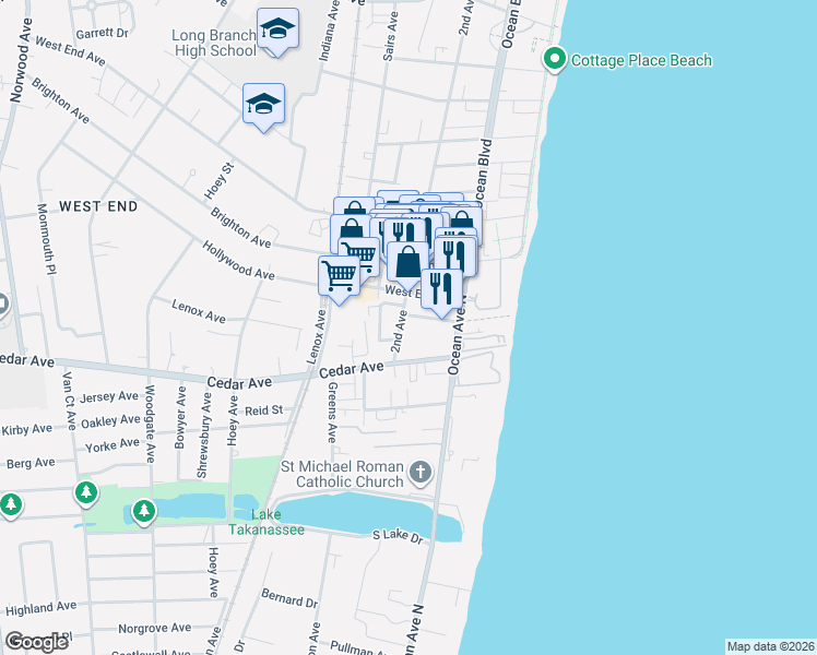 map of restaurants, bars, coffee shops, grocery stores, and more near 36 New Court in Long Branch
