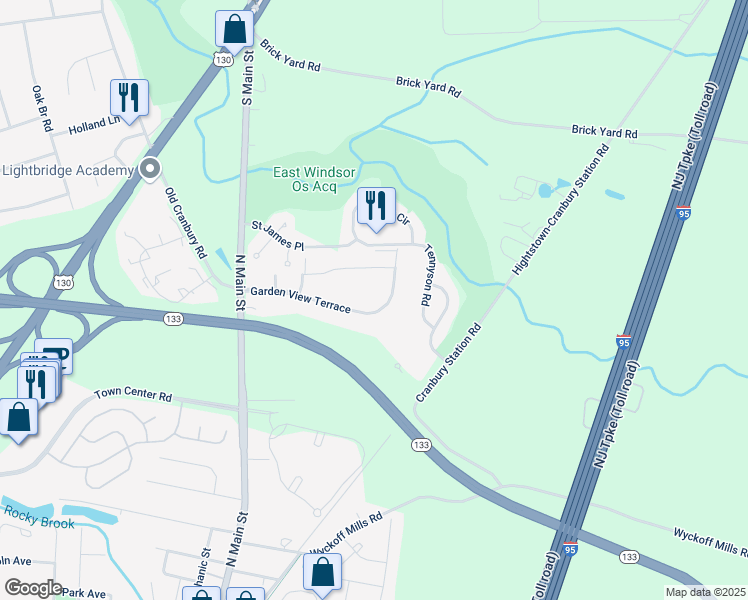 map of restaurants, bars, coffee shops, grocery stores, and more near 47 Garden View Terrace in East Windsor