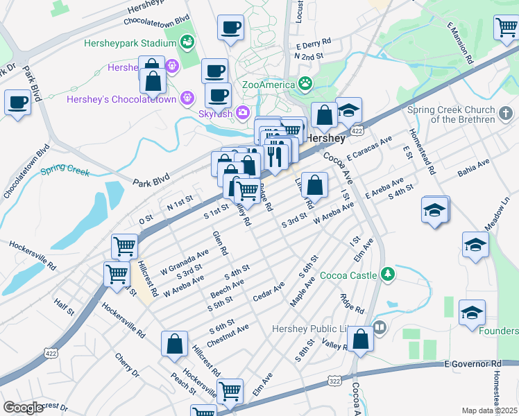 map of restaurants, bars, coffee shops, grocery stores, and more near 224 West Caracas Avenue in Hershey