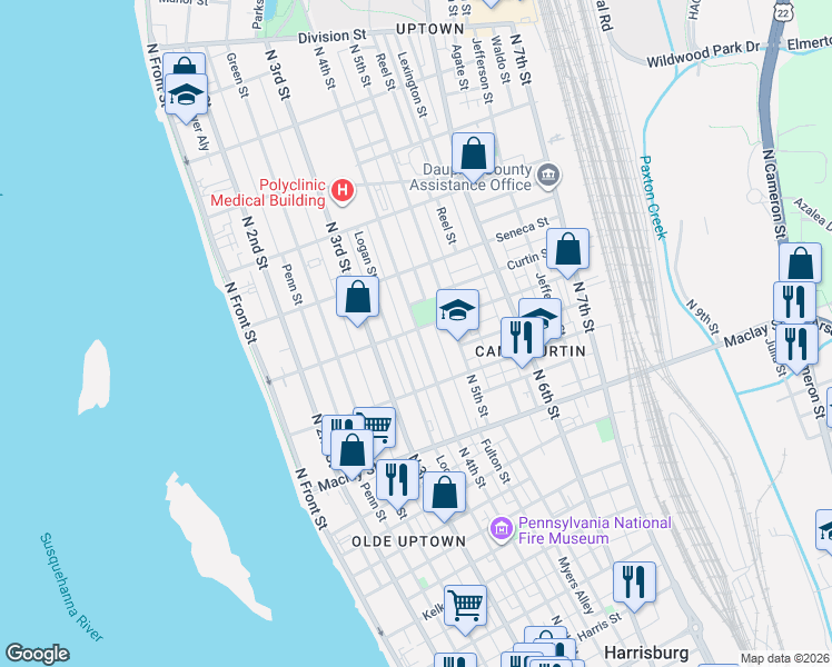 map of restaurants, bars, coffee shops, grocery stores, and more near 331 Emerald Street in Harrisburg
