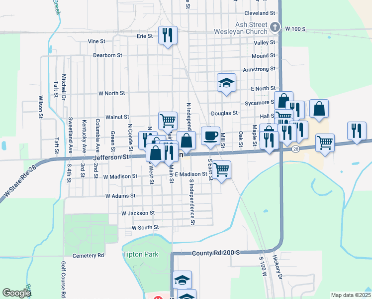 map of restaurants, bars, coffee shops, grocery stores, and more near 128 East Jefferson Street in Tipton