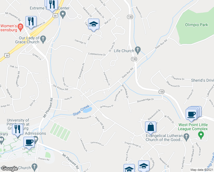 map of restaurants, bars, coffee shops, grocery stores, and more near 214 Farmington Place in Greensburg