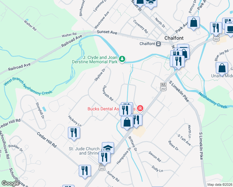 map of restaurants, bars, coffee shops, grocery stores, and more near 22 Deerpath Road in Chalfont
