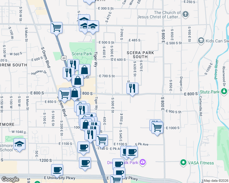 map of restaurants, bars, coffee shops, grocery stores, and more near 509 East 800 South in Orem