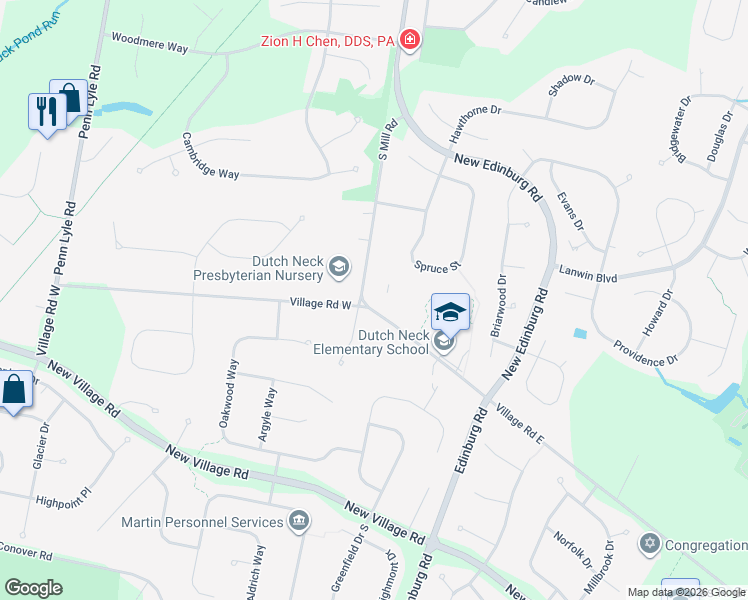 map of restaurants, bars, coffee shops, grocery stores, and more near 418 Village Road East in West Windsor Township